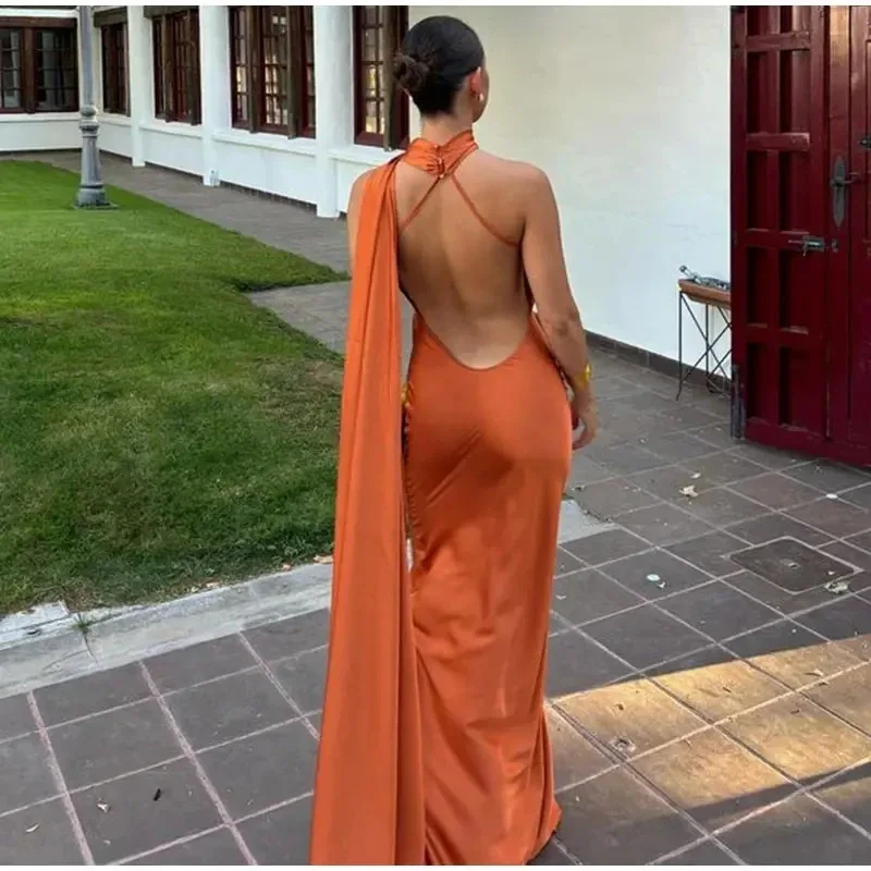 Satin Ribbon Halter Long Dresses Women' Backless Maxi Dress Evening Wedding...