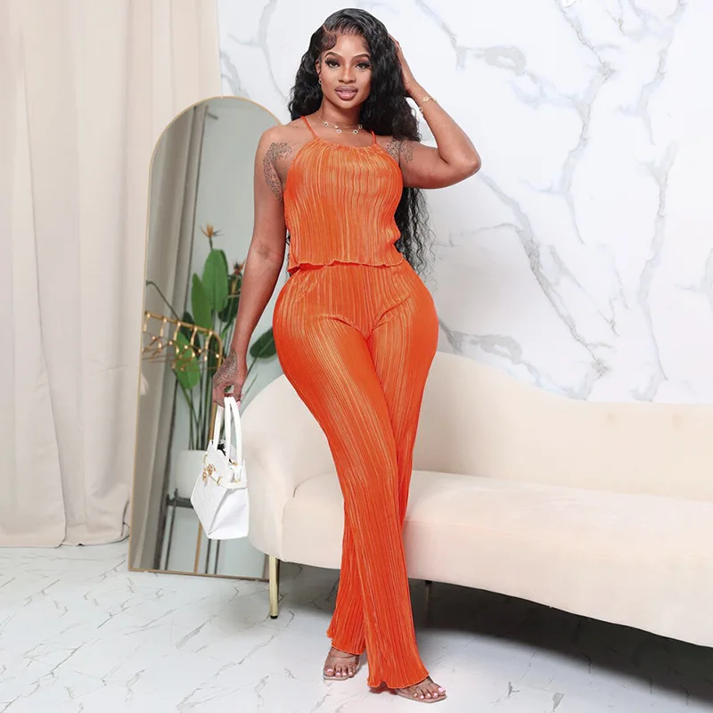 

Solid Loose Pleated 2 Piece Set Women Summer Spaghetti Straps Crop Top Camisole High Waist Wide Leg Pants Casual Streetwear Suit