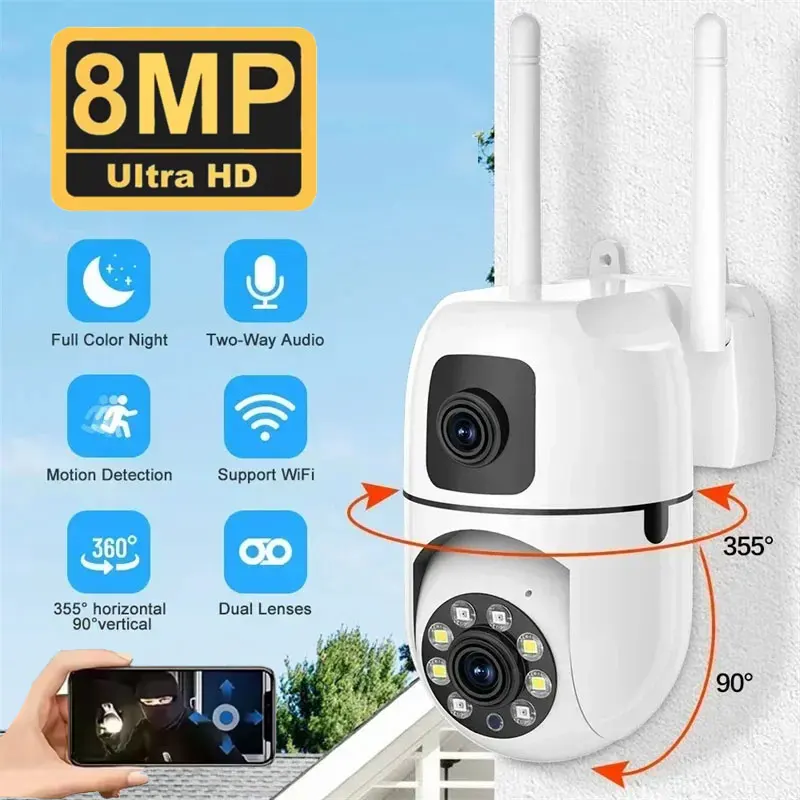 8MP WIFI Surveillance Camera Dual Lens Dual Screen IP Cameras Wireless Auto Tracking Color Night Vision 8X Digital Zoom CCTV Cam 1