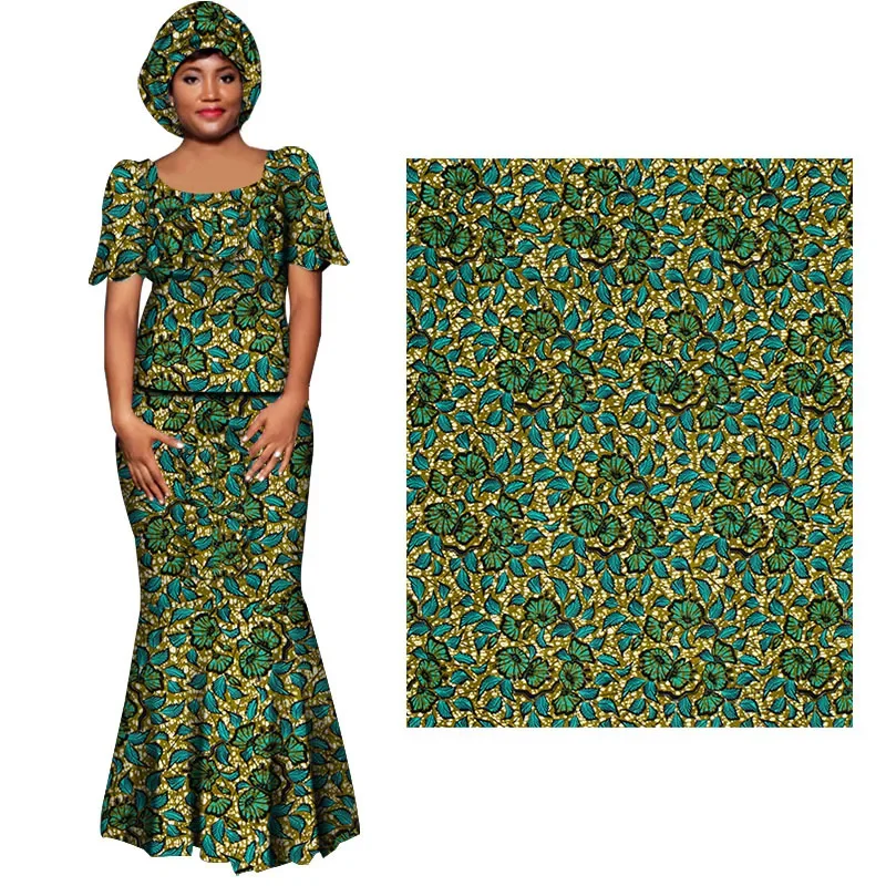 Ankara African Polyester Prints Green Flower Batik Patchwork Fabric Real Cloth Wax High Quality Africa Sewing Material 6yards