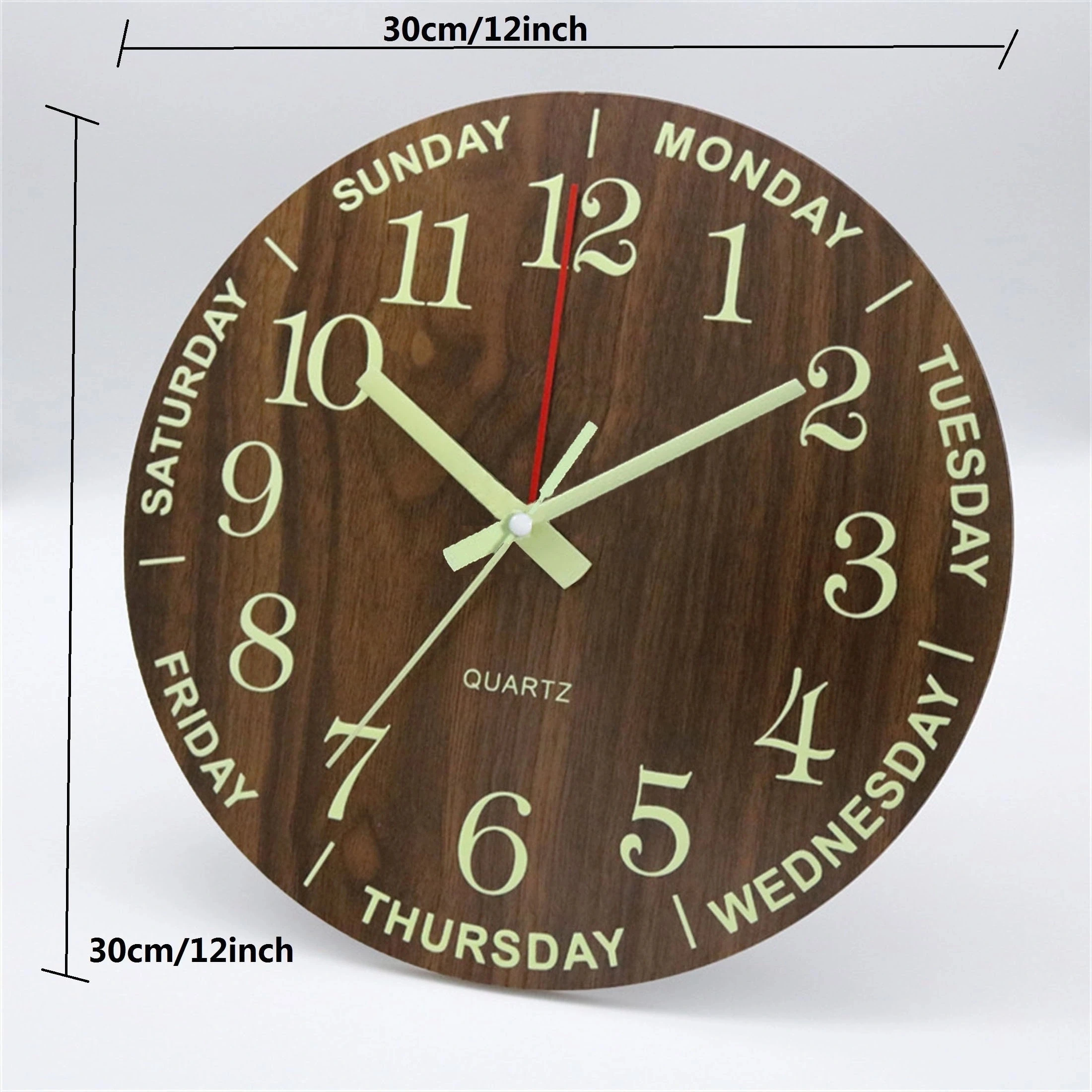 12 Inch Luminous Wall Clock Wood Silent Light in Dark Night Large Number Fashion Wall Clock Non Ticking With Night Light