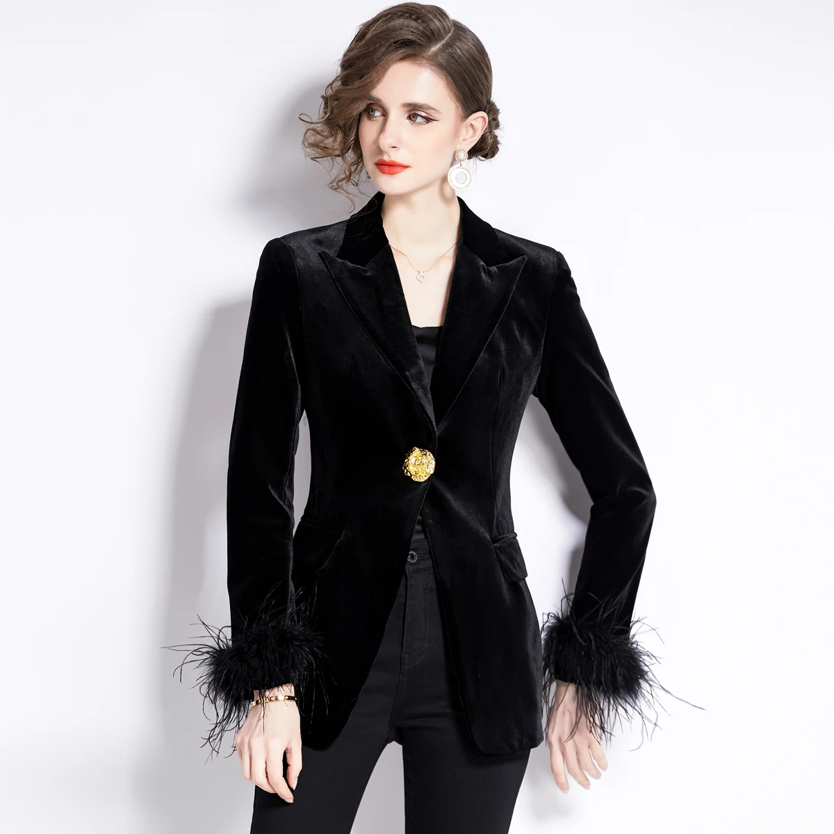 Runway Short Velvet Blazers Jackets Women Clothing Spring Autumn Coats Metal Button Blazer Suit Female Black Slim Outwear custom burgundy velvet prom suits for men wedding groom tuxedos smoking jacket 2piece best man blazers slim fit terno masculino