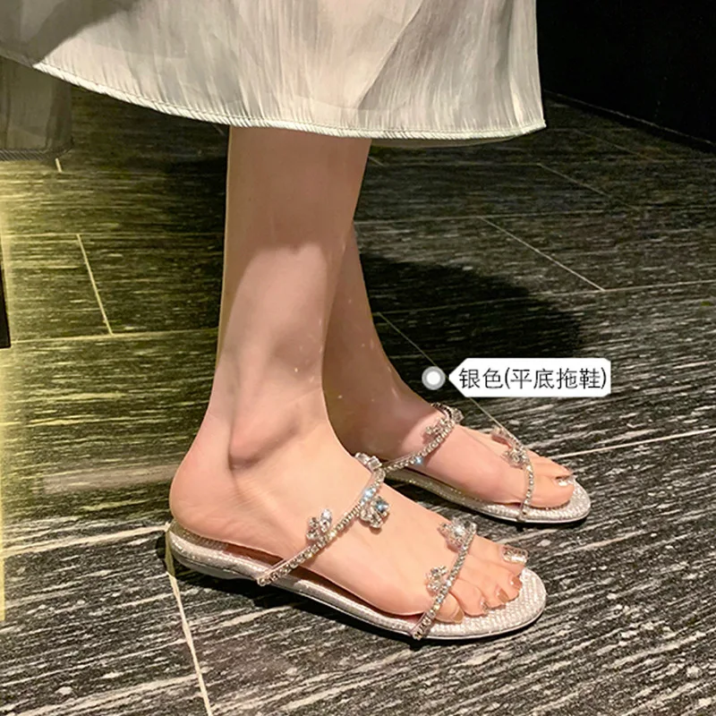 Sweetly Wearable Sandals with Water Diamonds, Summer New One Line Open Toe Flat Bottom Water Diamond High Heel Slippers