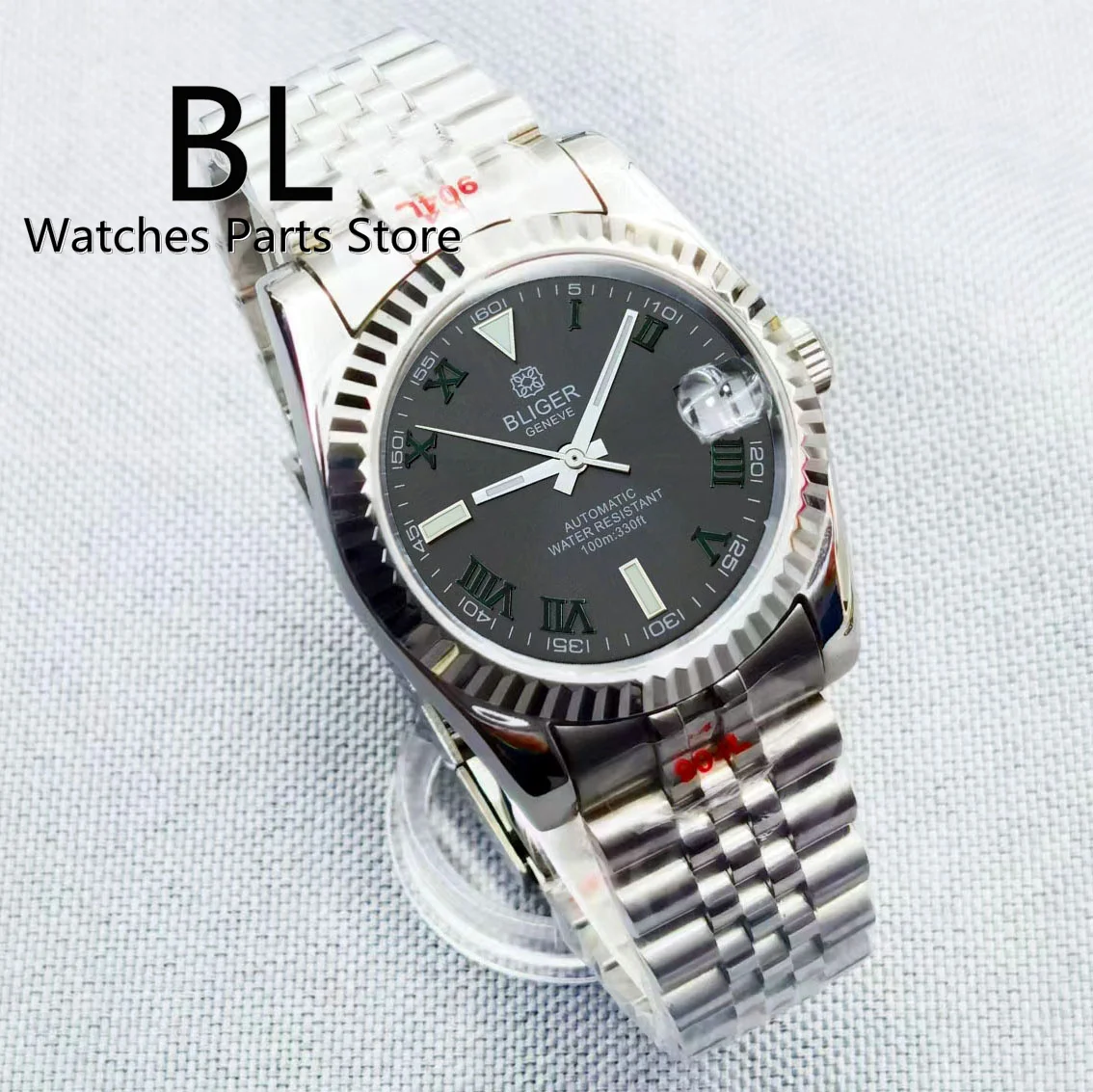 BLIGER 36mm/39mm Watch For Men Grey Dial Green Roman Numbers NH35 Automatic Self-WindMechanical Wristwatches Sapphire Glass Date