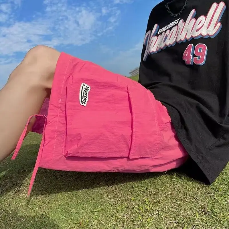 Korean Summer Men's Solid Elastic High Waisted Drawstring Pockets Loose Straight Thin Quick Drying Beach Casual Wide Leg Pants