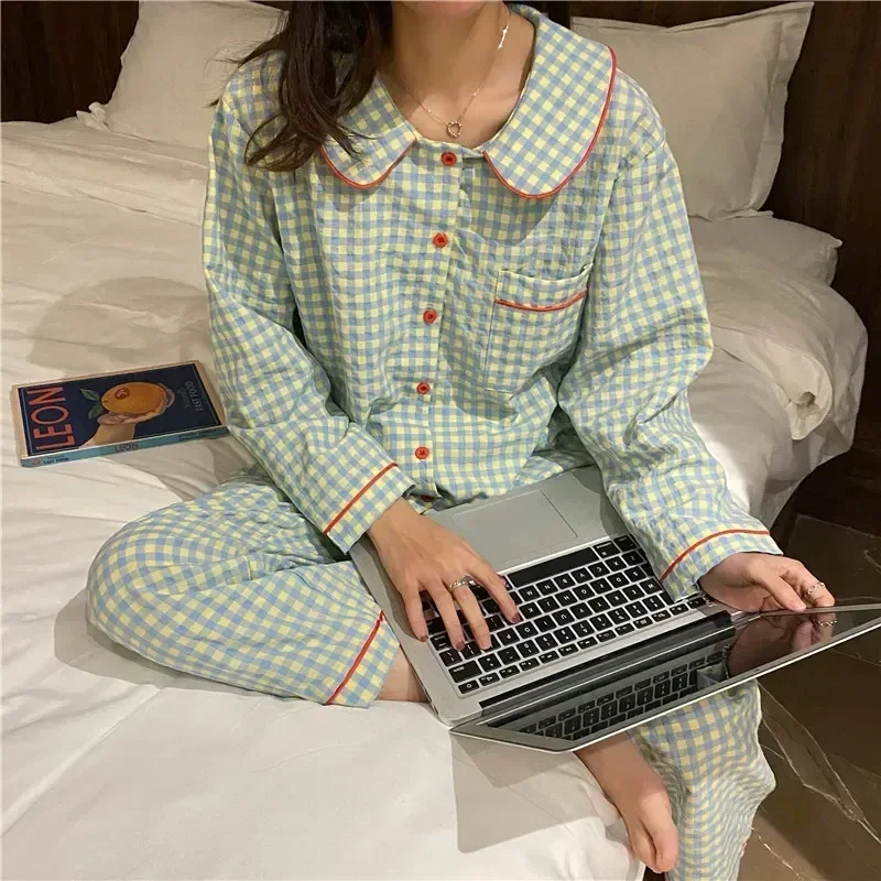 

Home Long for Student Pajamas Set Cute New Women's Pants Grid Wearable And Autumn Sweet Suit Sleeved Beige