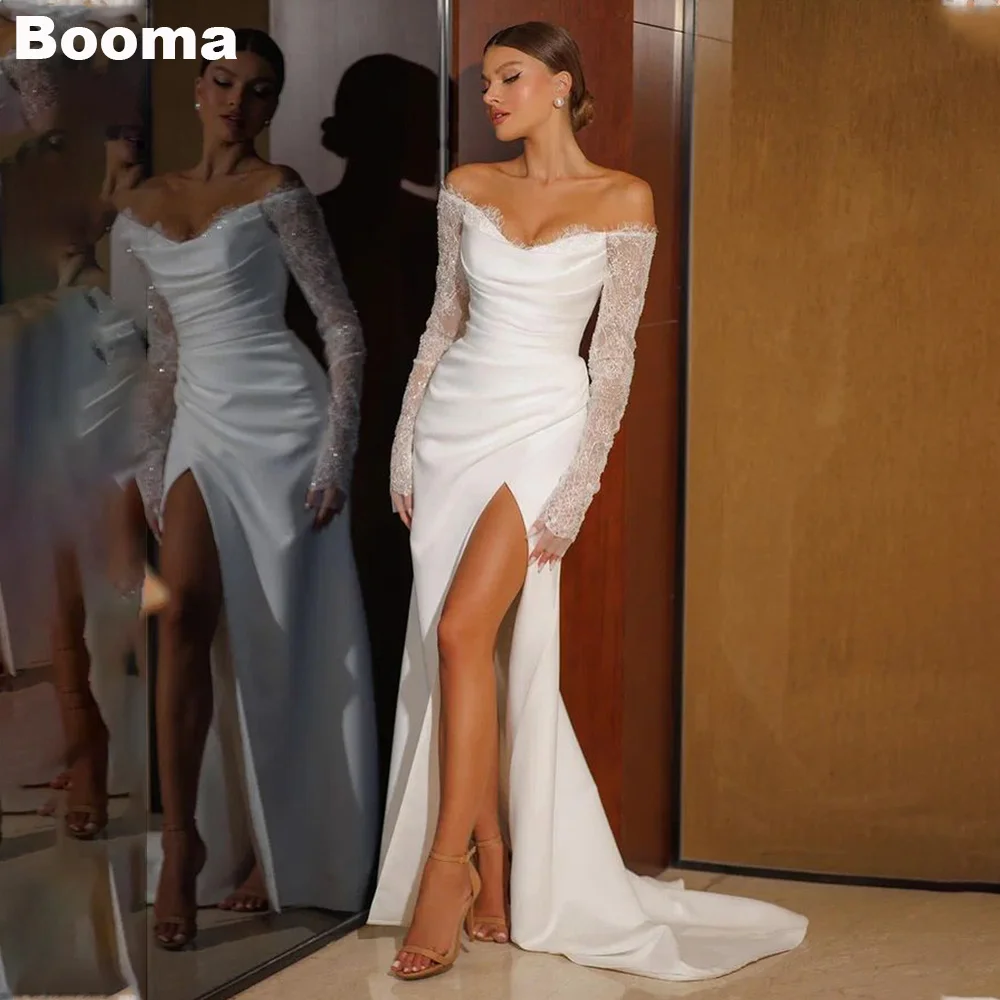 

Booma Elegant Mermaid Wedding Dresses Off Shoulder Lace Sleeves Brides Party Gowns High Side Slit Long Evening Dress for Bridals