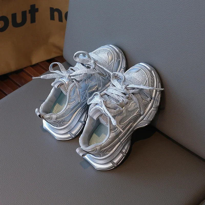 Silver Mesh Kids Chunky Sneakers Breathable School Sports Shoes