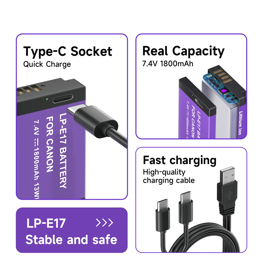 LP-E17 Battery Type-C Input Rechargeable Battery Camera Battery Rechargeable Battery Charger Camera Battery Charger For Canon EOS 200D M5 M6 750D 760D T6i T6s 800D RP Kiss X8i with LCD Charger Case
