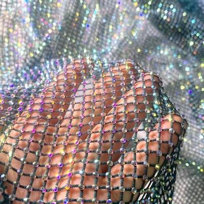

Luxury Crystal Rhinestone Mesh Fabric Magic Color Glass Rhinestone Trim Fabric DIY Dress Crystal Fabric Width 120CM