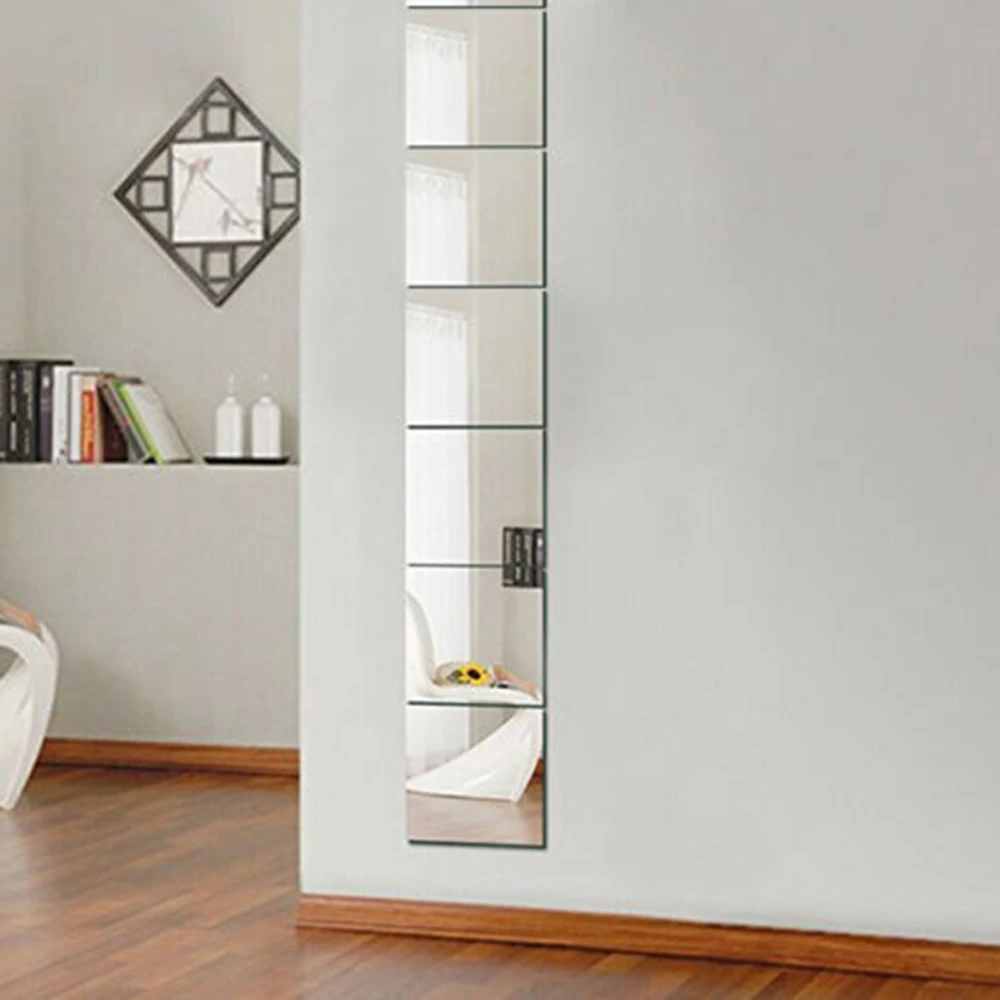 Square Mirror Tile Wall Stickers 9 Pcs Decal Home Living Room Bathroom Decoration DIY Splicing Decor Acrylic 15x15cm Silver