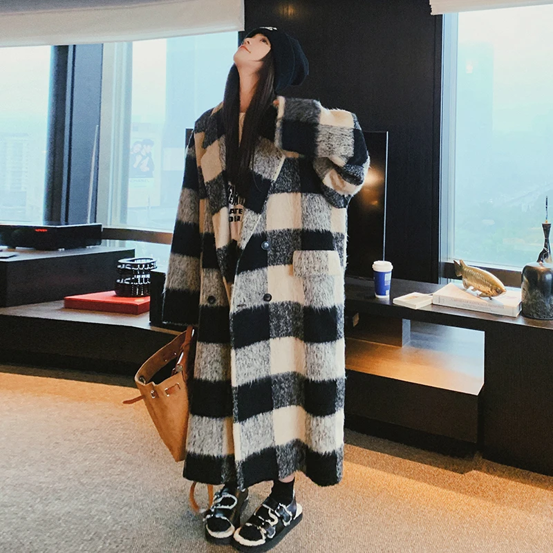 

England Style Long Plaid Woolen Coats for Women 2023 Winter Clothes Vintage Elegant Overesize Loose Jacket Overcoat Cloak 8617