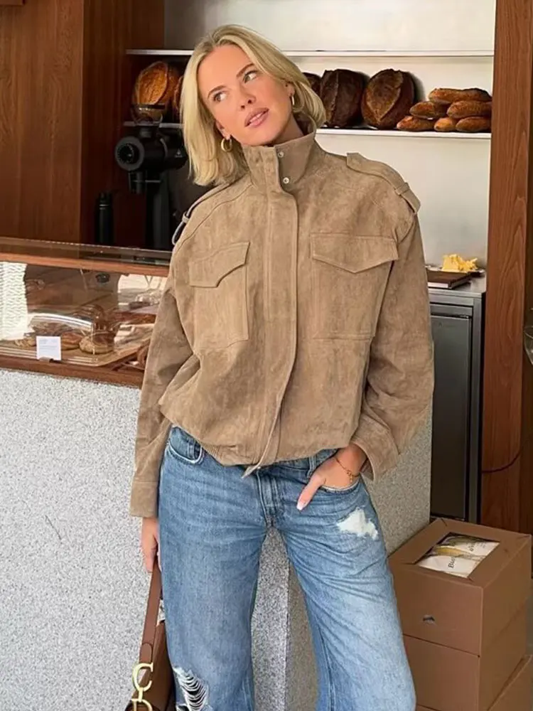 HH Women Casual Solid Jackets Turtleneck Long Sleeve Zipper Loose Coats With Pocket Autumn Casual Office Lady Outwear