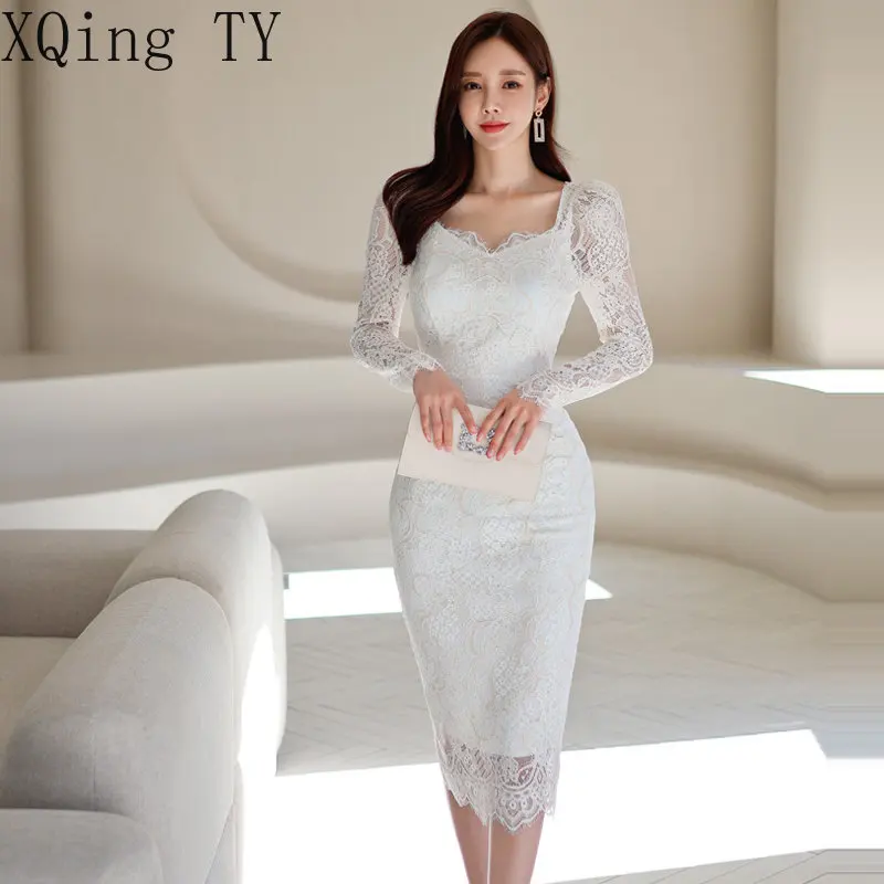 Autumn 2022 New Korean Style Women Lace Dresses Temperament Elegant ...