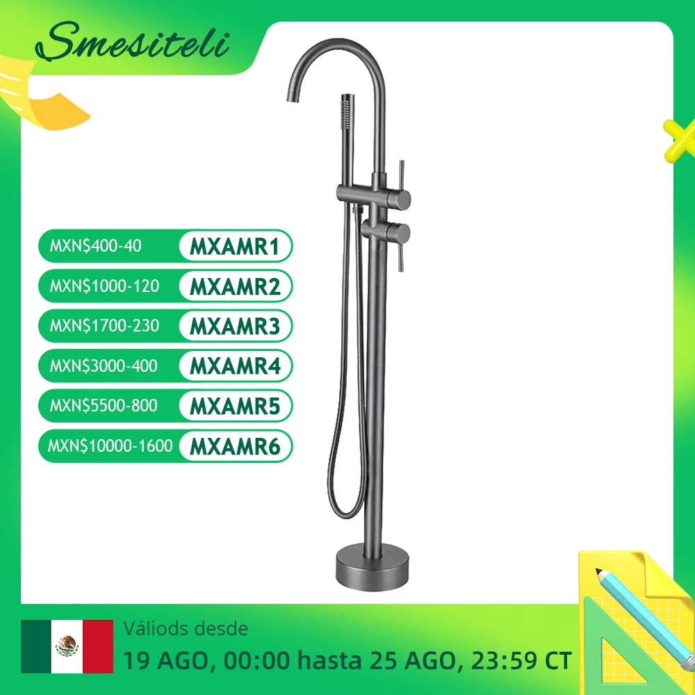 Shower Set Bathtub Faucet Gunmetal Freestanding Bathtub Faucet Set Floor Mounted Mixer Hot & Cold Shower System 2 Modes Handheld Shower & Round Spout