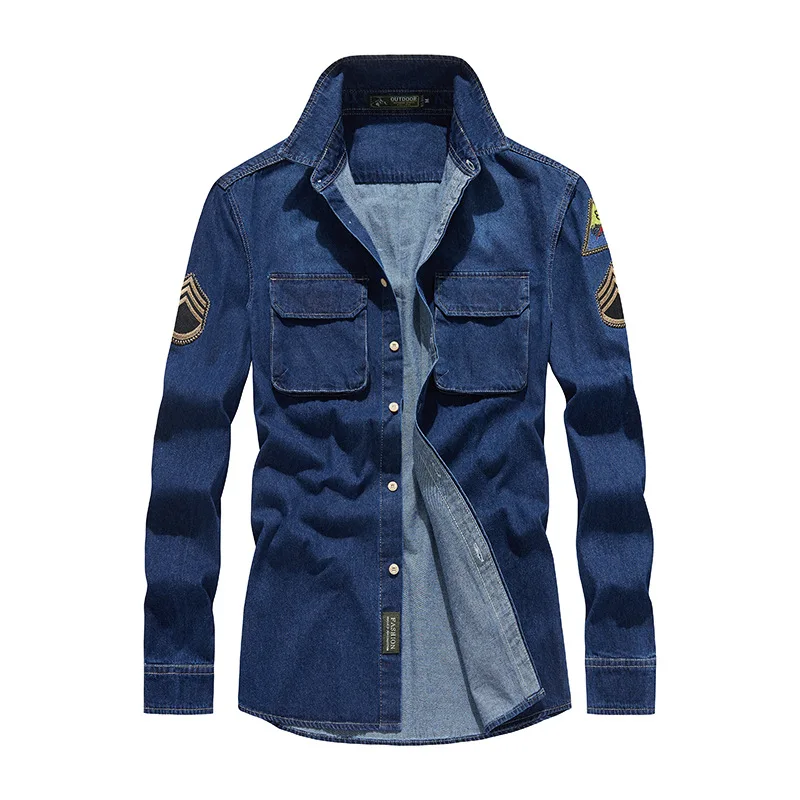 Men Long Sleeved Casual Denim Shirts Male Cotton Multi pockets Cargo Shirts Spring Man Fashion Jeans 5XL