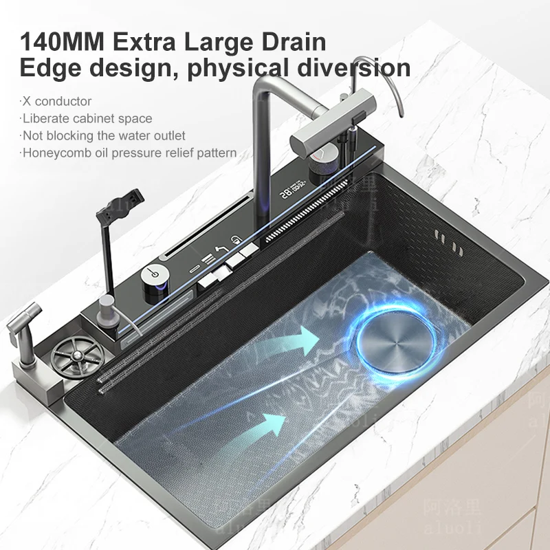 Stainless Steel Kitchen Waterfall Sink Integrated Faucet Scratch Resistant Embossed Single Slot WashBasin With Smartphone Holde