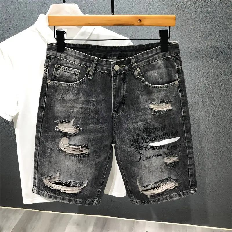 Harajuku New Casual Summer Short Jeans Ripped Hole Luxury Cargo Designer Knee Length Mens Denim Cotton Loose Black Grey Shorts
