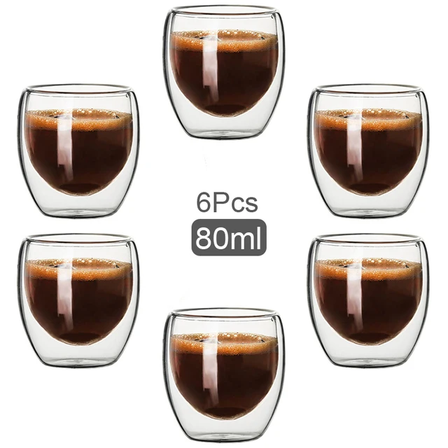 Set of 6 Double Wall Insulated Glass Mugs - 80ml for Coffee, Espresso, Tea, or Cold Drinks