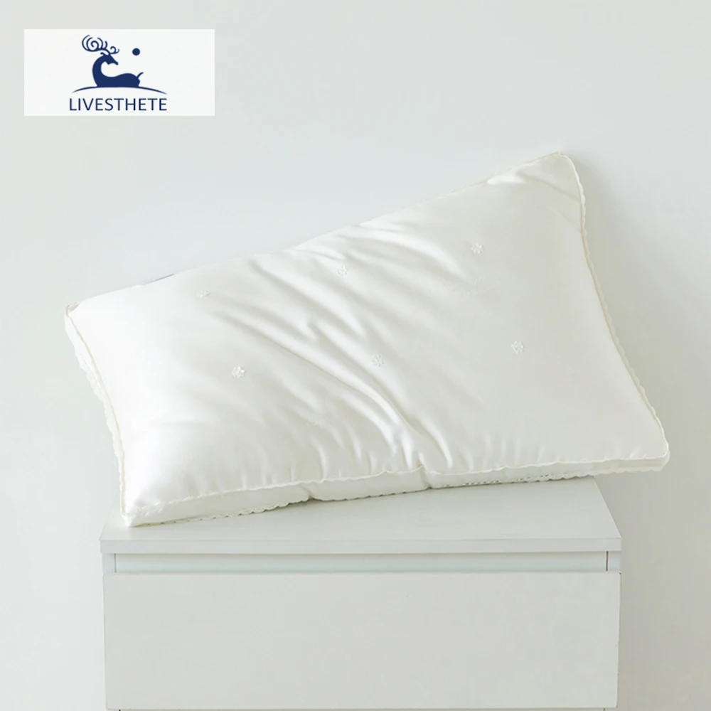 Liv-Esthete Women White 100% Silk Pillow King Queen 3D Style Rectangle Silk Inner Pillow For Sleeping Neck Protection Bed Pillow