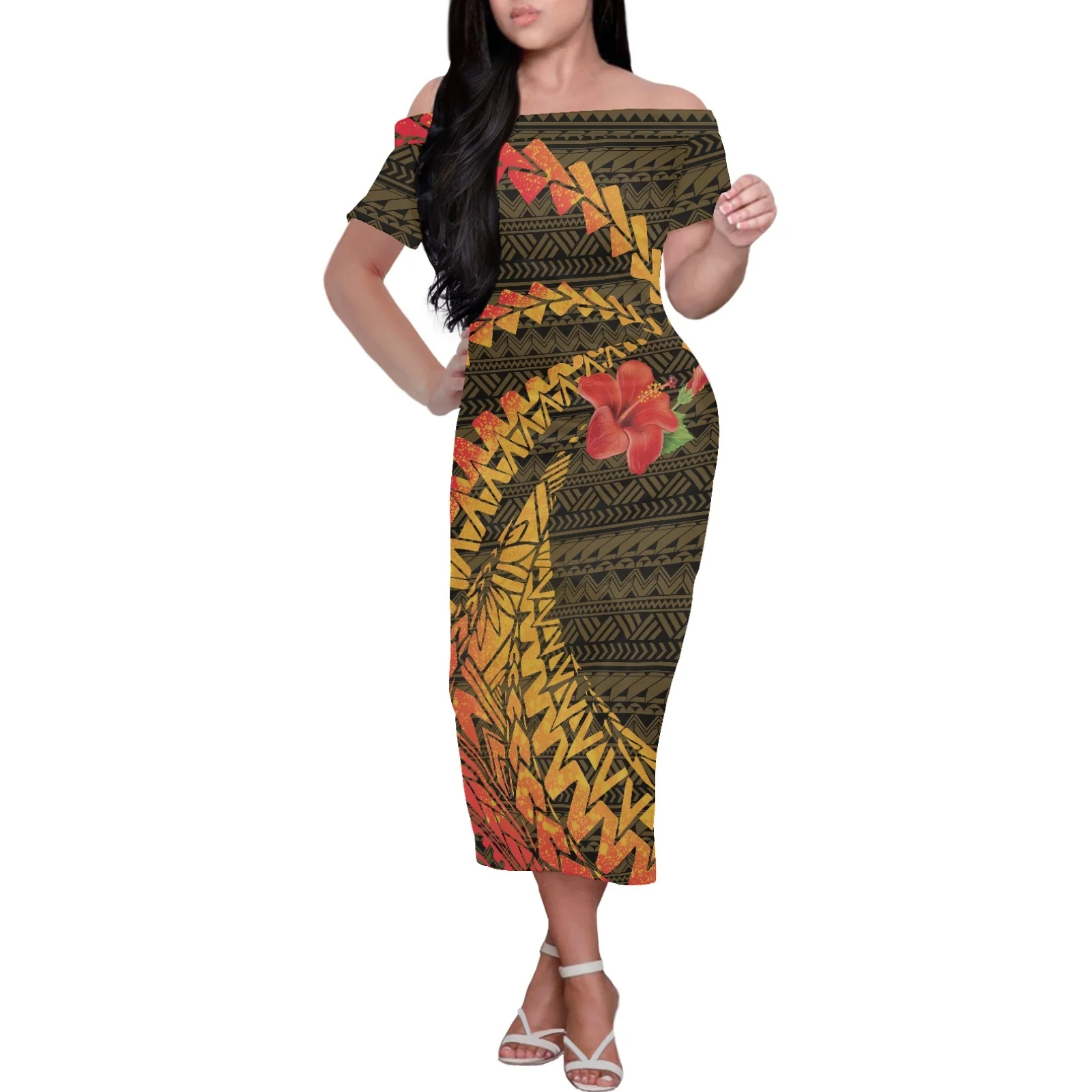 

Polynesian Tribal Tongan Totem Tattoo Print Custom Dress for Women, High Quality, Luxury, Classic Summer Night Party, Plus Size