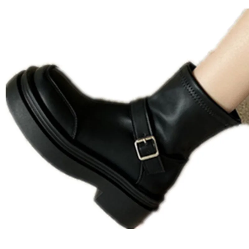 Fashion Women Ankle Boots Autumn Winter Back Zipper Slim Stretch Knee High Boots Office Lady Belt Buckle Simple Shoes Woman New