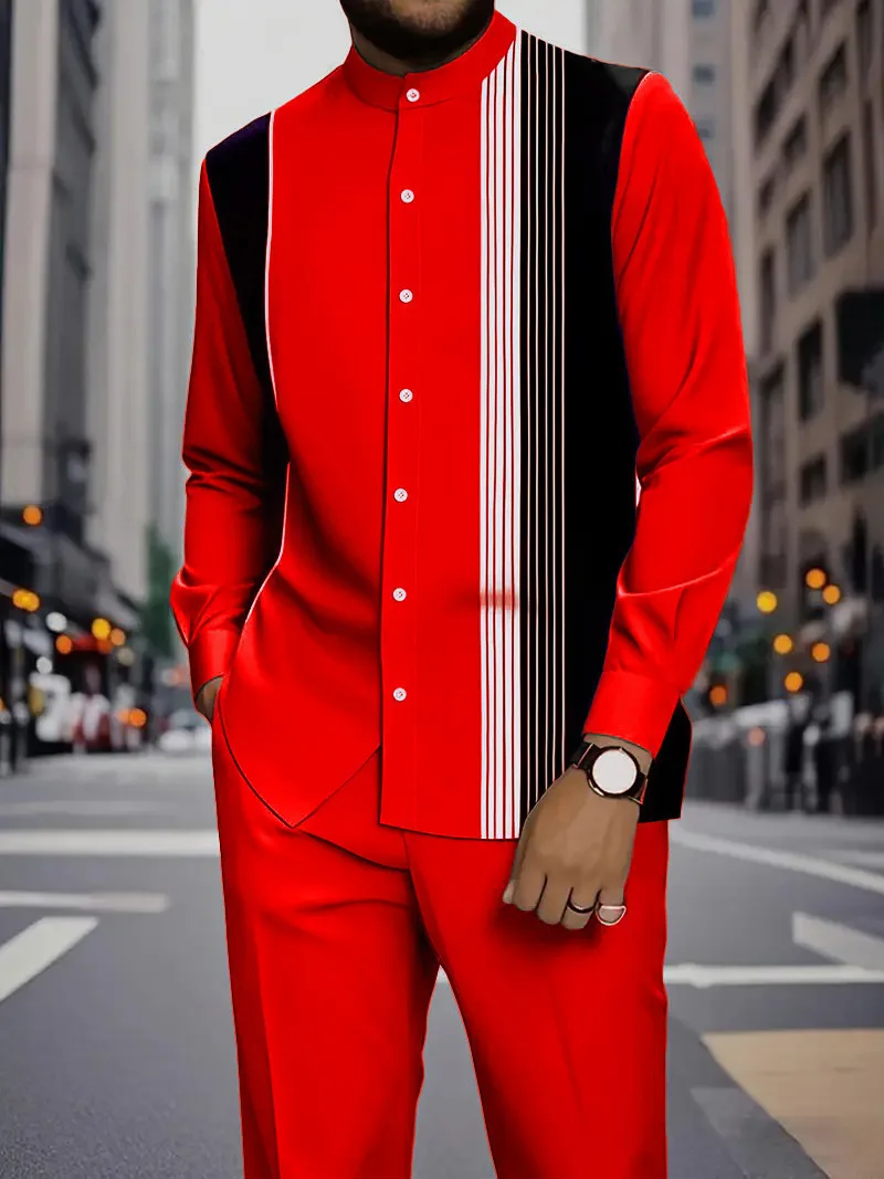 2026 Herren Langarm-Hemdset Stehkragen Ethnischer Stil Streifenmuster Herbst Lässige Mode Y2K Kleidung Outfit – Detail 4