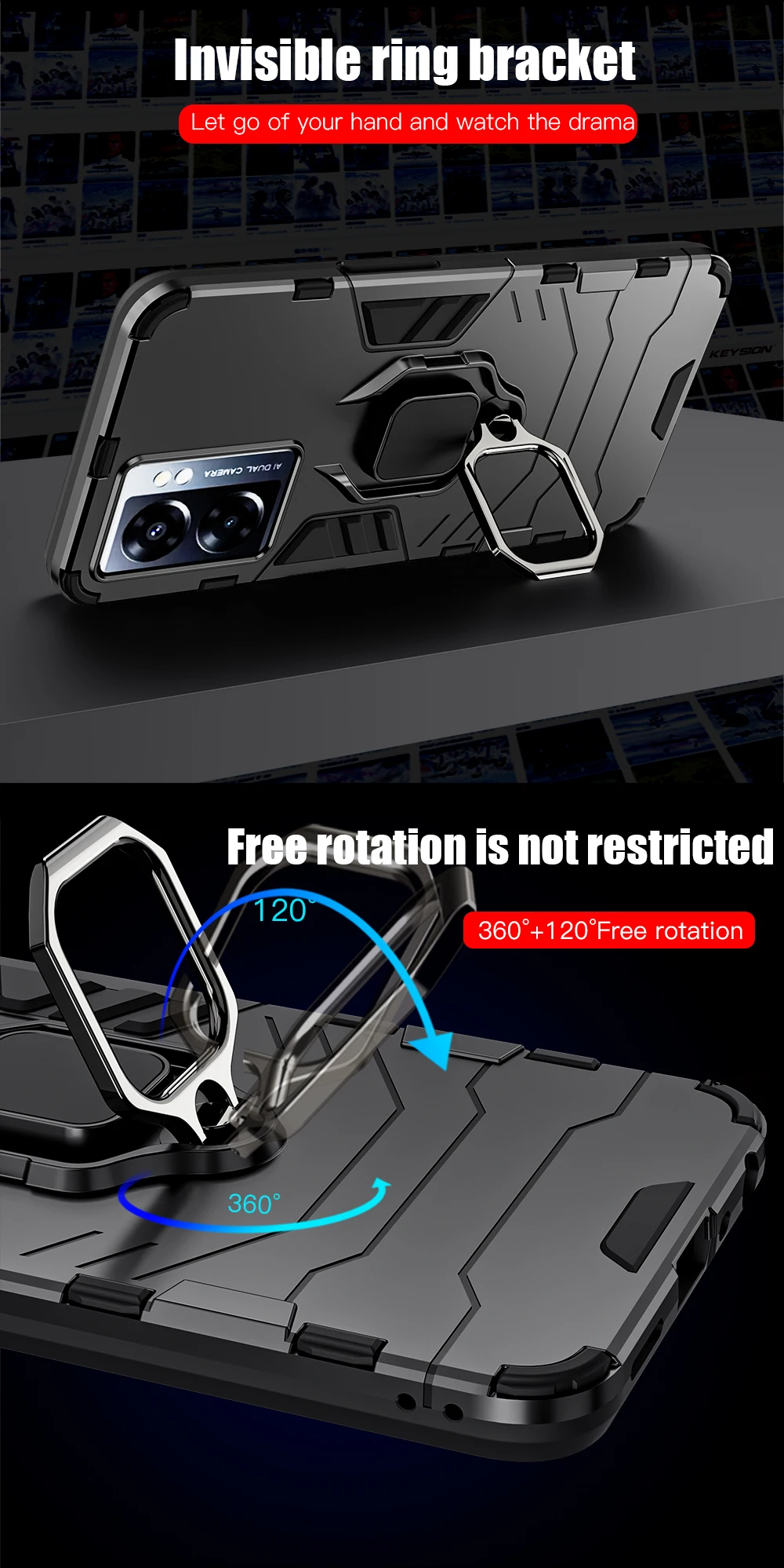 KEYSION Custodia antiurto per OPPO A77 5G A57 4G Silicone + PC Anello in metallo Supporto Cover posteriore per Realme Q5i V23 5G_voghion.com