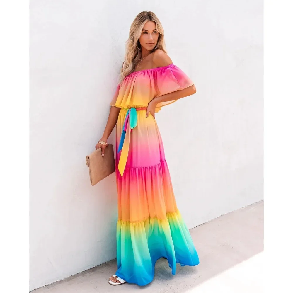 

Elegant Pretty Women's Dresses Gradient Color Raglan Sleeve Long Dresses Summer Sexy Slash Neck Beach Female A Line Maxi Dress