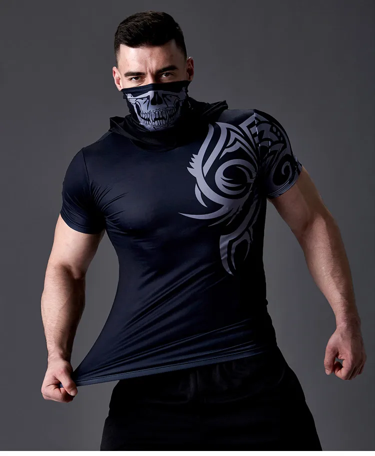 Sommer schnell trocknendes Herren-T-Shirt mit Kapuze, trendiger Totenkopf-Maske, bedruckter Kapuzenpullover, kurzärmeliger Kapuzenpullover, lässig, Sport, Fitness – Detail 9