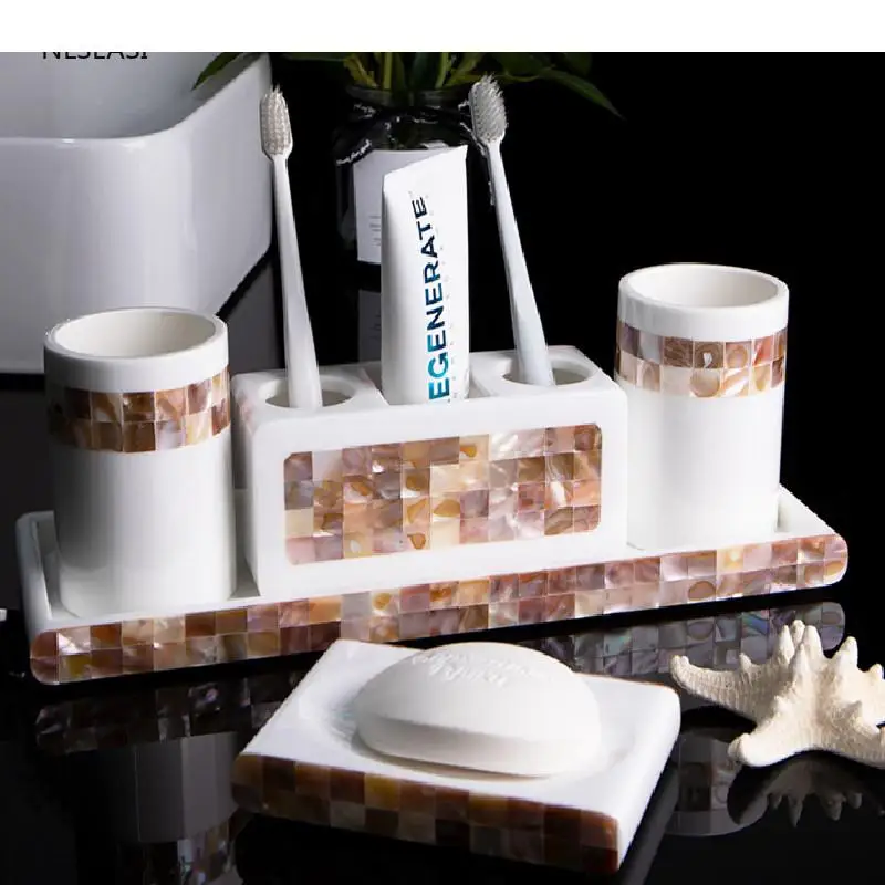 

European Style Shell Pattern Series Resin Bathroom Accessories Set Gargle Cup Soap Dish Soap Dispenser Tray Toothbrush Holder