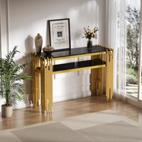 Table à manger de salon moderne médiévale 128 x 44 x 80 cm avec pieds dorés en coque noire, MDF double couche 4