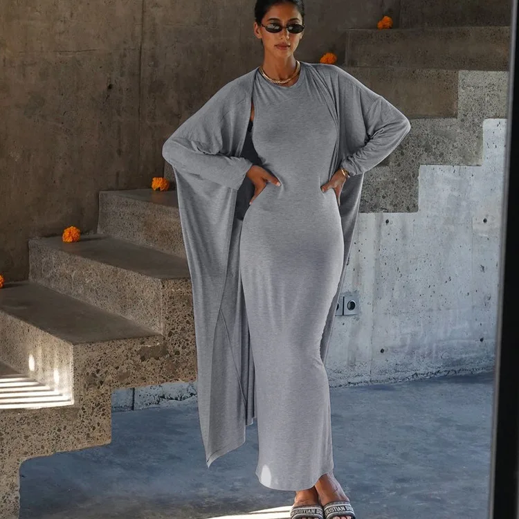 Casual 2 Piece-Set Female Long Dress Slim High Waist Patchwork Sleeveless Dress And Overcoat Sets Women Maxi Dress Outfits