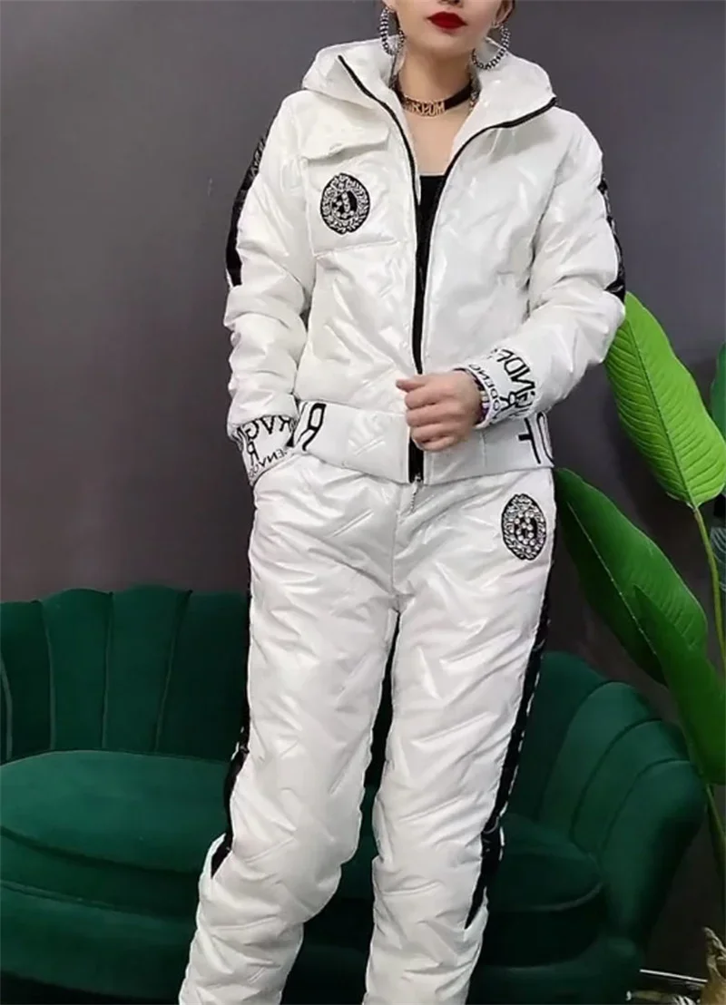 Winter Warm Waterproof Glossy Two Piece Sets Women Thicken Down Cotton Parkas Hooded Coats Suits High Wasit Sweatpants Outfits