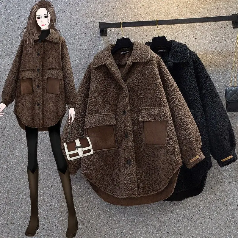 Retro Style Coat Women's 2023 Autumn/Winter New Fashion Loose Simple Thickened Lamb Wool Single Breasted Solid Color Jackets