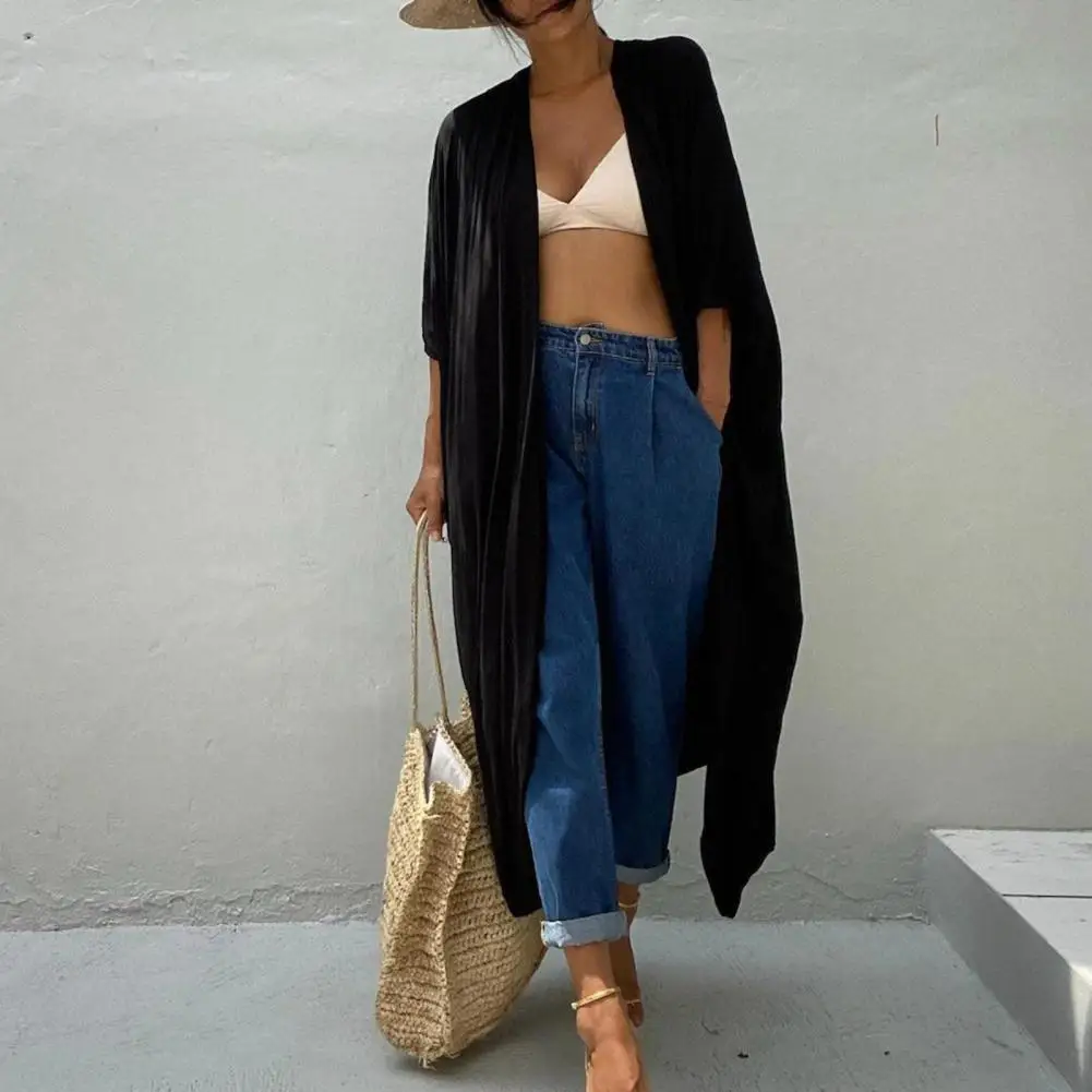 Women Beach Cover Up Cardigan Lady Girls V-neck Half Sleeve Quick-Drying Loose Fit Swimwear Beachwear Bathing Suit Robe 2