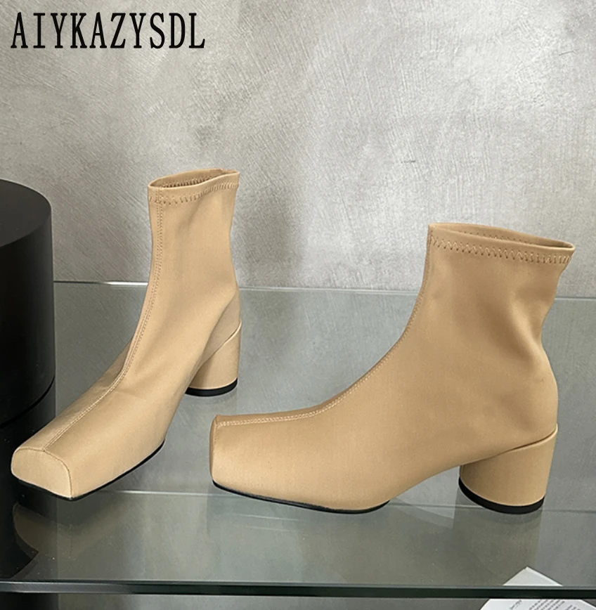 

AIYKAZYSDL Autumn Stretch Fabric Sock Ankle Boots Short Booties Thick Block Med Heel Streetwear Shoes Women 2023 Pumps Khaki