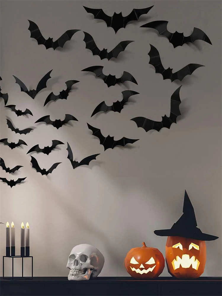 60pcs Halloween Decoration 3D Black PVC Bat Halloween Party DIY Decor Wall Sticker Bar Room Party Scary Decos Props