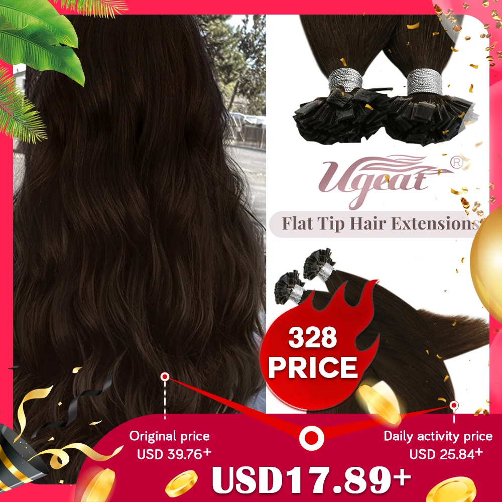 Ugeat Flat Tip Hair Extensions Human Hair Fushion Remy Hair 14-24" 50 Strands/Pack Natural Straight Keratin Hair Extensions