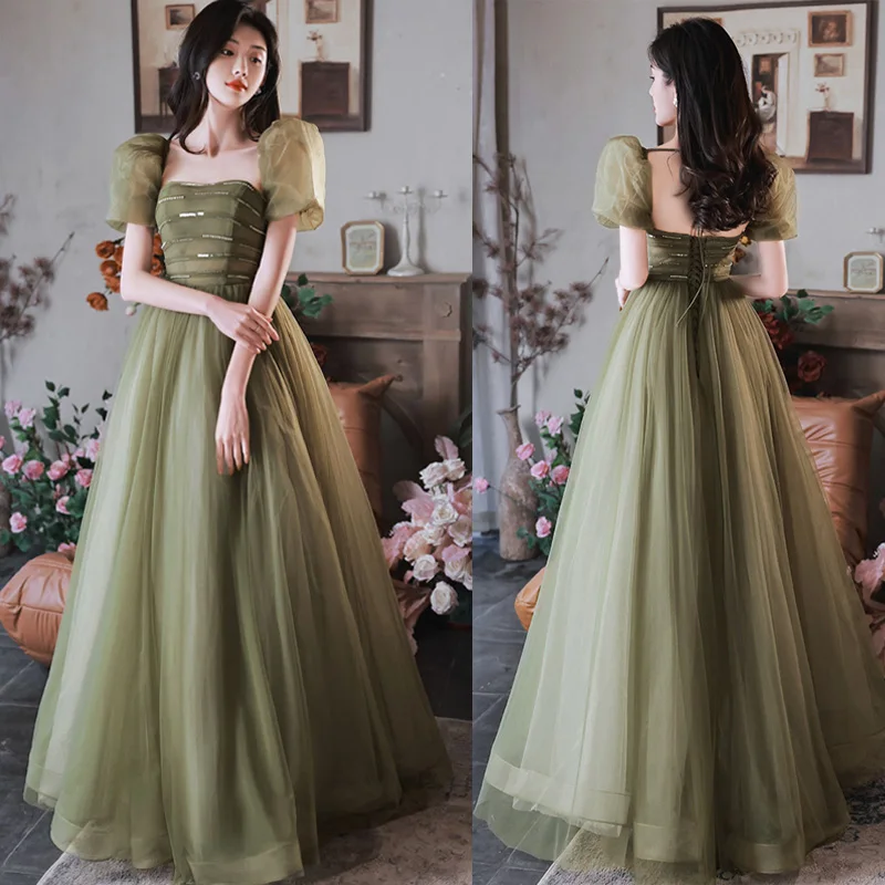 

It's Yiiya Square Collar Pleat A-Line Sequins Short Sleeves Lace Up Floor-Length Green New Formal Dress Dress Woman Party A2780