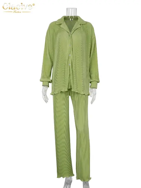 Clacive Causal Loose Home Suit Autumn Long Sleeve Blouse With High Wasit Pants Set Women Elegant Pleated Beige 2 Piece Pant Sets Green Sets