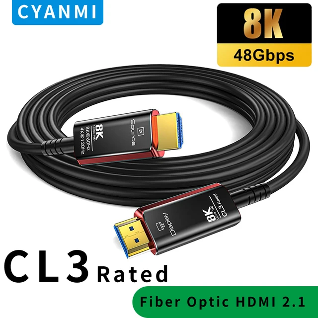 สาย HDMI ยาว 50 ฟุต, สาย HDMI 2.1 ความเร็วสูงพิเศษ 8K อัตรา CL3, 48Gbps 8K@60 4K@120Hz/144Hz, สายไฟเบอร์ออปติก HDMI 2.1 eARC HDCP 2.2&2.3, ใช้ได้กับ Xbox/PS5/RTX 3080 3090 1