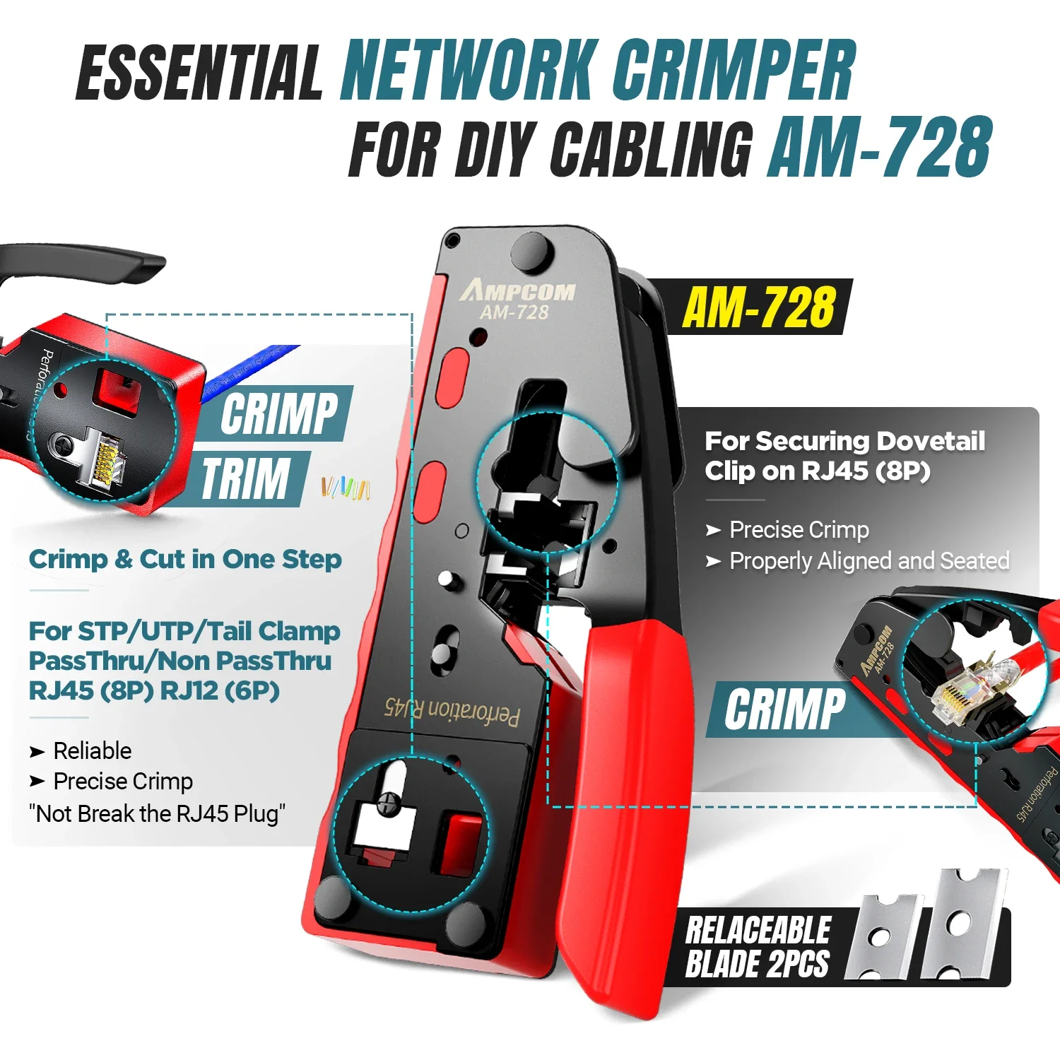 AMPCOM RJ45 Pass Through Crimping Network Tool Kit for Cat5e Cat6 Cat7 with Network Crimper/Punch Down Tool/TEL/LAN Cable Tester