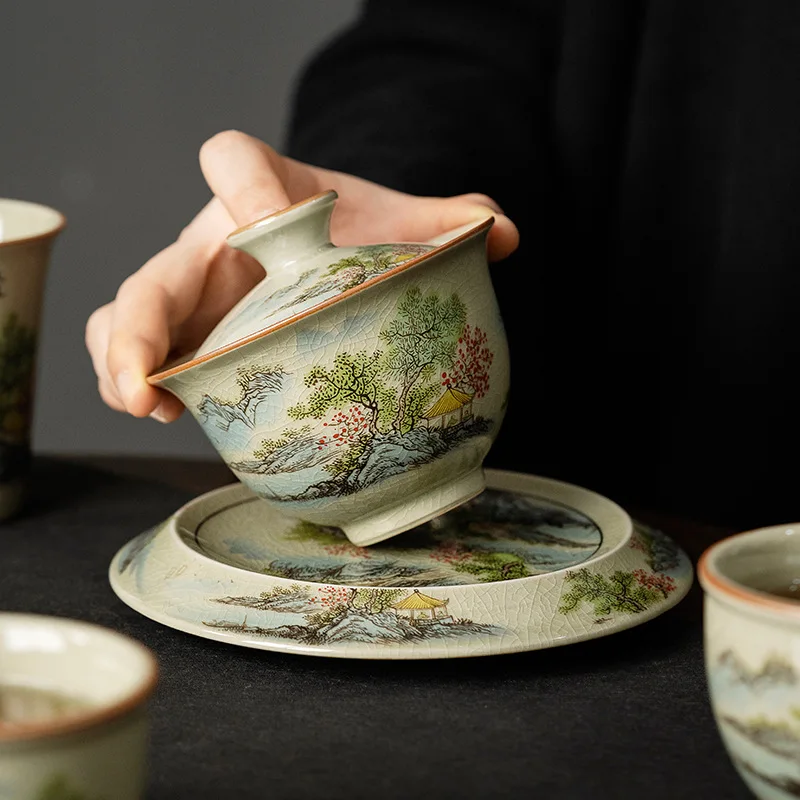 Retro Porcelain Gaiwan Pot Tray Tea Cup High-End Single Gaiwan Large Capacity Tea Making Hand-Held Cup Kung Fu Set
