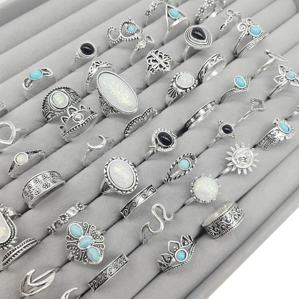 50 Stück/Los Großhandel Mix Style Vintage Bohemia Blaue Steinringe für Damen Opal Schwarz Acryl Blumendesign Fingerschmuck Party