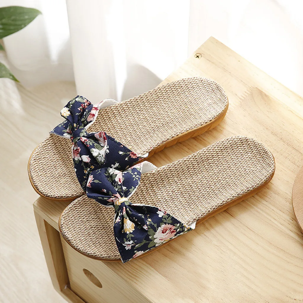 Beige Bow Linen Fabric Beach Slide Sandals