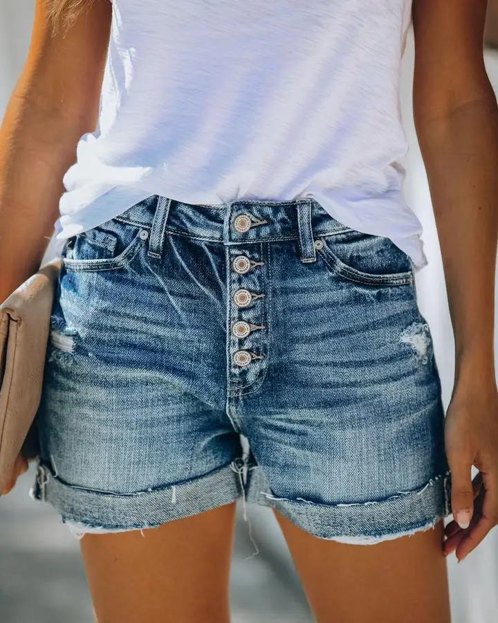 Denim shorts, women's all-match, slimming, one row of buttonholes, rolled edge, female denim shorts, women's trendy new style dsquared jeans