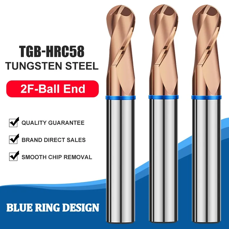 

AZZKOR Color-Ring Coating Tungsten Steel Carbide 2F Bronze Ball End Milling Cutter For CNC Mechanical Endmills Tools TGB-HRC58
