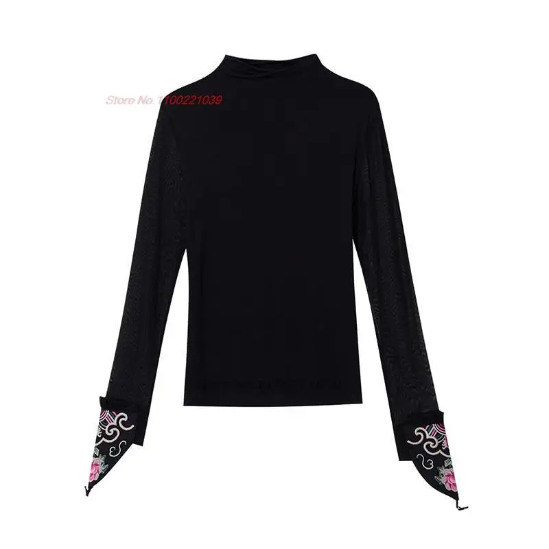 chinese improved mesh shirt national flower embroidery stand collar shirt vintage hanfu tops oriental tang suit base