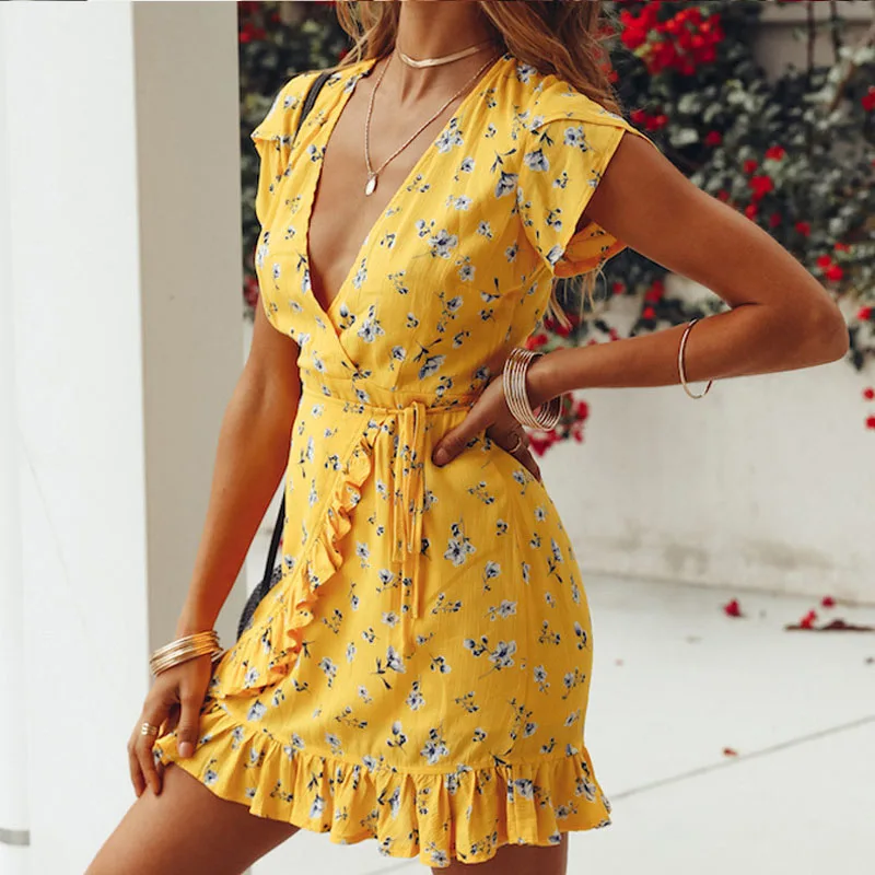 Women Floral Print Dress Lady Casual Short Sleeve Summer Mini Dress ...